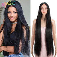 Magic 38 inch Straight Long Synthetic Lace Wigs For Black Women High Temperature Fiber Middle Part Blonde Highlight Cosplay Wigs