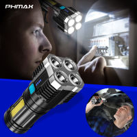 PHMAX ไฟฉาย LED ชาร์จได้4โหมดแรงสูง4คอร์ไฟฉายสว่างพิเศษแบบพกพาเลนส์ยาวแบบชาร์จไฟได้ USB แบบฉุกเฉินกันน้ำชาร์จไฟได้ไฟฉายพกพากลางแจ้งกว้างมากไฟฉายตั้งแคมป์