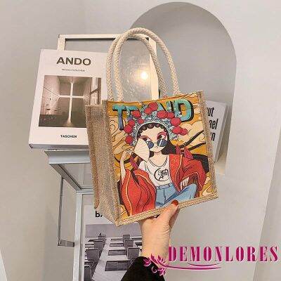 DEMQ-Women´s Vintage Small Tote Bag, Cartoon Theater GirlMushroomFlamingo Pattern Patchwork Top Hand Grip Handbag