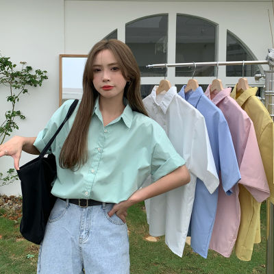 เสื้อเชิ้ตแขนสั้นผู้หญิงฤดูร้อนสีทึบคอปก POLO เวอร์ชั่นเกาหลีของเสื้อหวานหลวมด้านบนแฟชั่นเรียบง่ายแขนสั้น