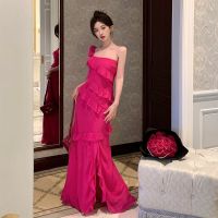 French condole belt dress female 2023 summer new design feeling mei red ruffled irregularly split dress