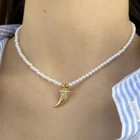 Ox Horn Pendant Zircon Inlay Imitation Pearl Necklace for Women Collar Stainless Steel Clasp Gold Color Free Shipping