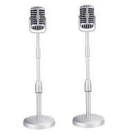 2X Desktop Microphone Prop Model with Adjustable Height, Classic Retro Style Microphone Stand Fake Mic Prop,Silver