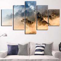 5ชิ้น Wall Art ภาพวาดผ้าใบ-ฤดูหนาว Misty Morning Forest Wolves สัตว์ภาพวาดโปสเตอร์-Living Room Decor รูปภาพ