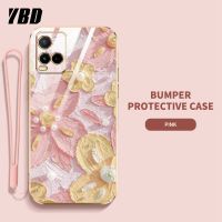 YBDดีไซน์ใหม่เคสสำหรับโทรศัพท์ Vivo Y33S Y33T Y21 2021 Y21S Y21T Y21E Y21A เคสแถมฟรีสายคล้องชุบลายดอกไม้น้ำมันเคส