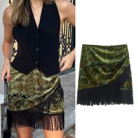【CW】 Skirt fashion retro print tassel asymmetric chic high waist women  39;s 2023 new street mix