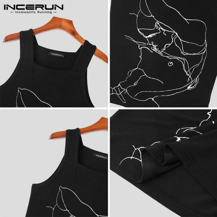 incerun-เสื้อแขนกุดเสื้อลำลองผู้ชายแขนยาวสำหรับผู้ชายเสื้อเสื้อกั๊กมีปกสี่เหลี่ยมพิมพ์ลาย-สไตล์เกาหลี