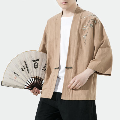 Jepun กิโมโน Lelaki Musim PANA Kapas เสื้อคาร์ดิแกนปล่อยชายผ้า Sinicism Lelaki Baru Tang Pakaian Taoisme Jubah Longgar Hanfu Bersulam Kot