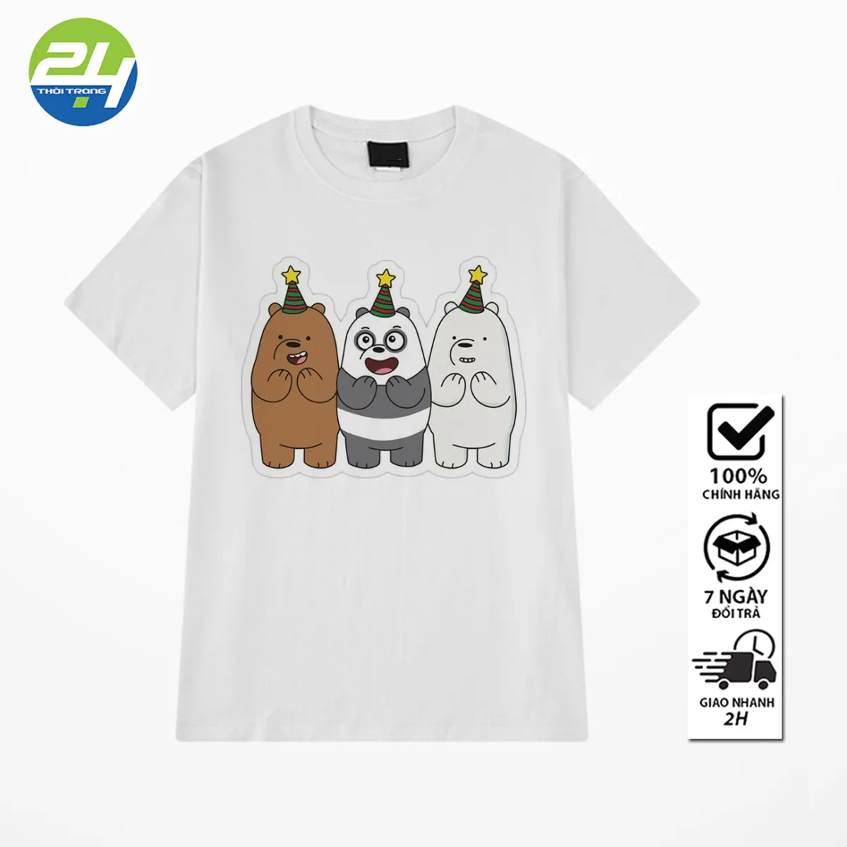 Áo thun 3 chú gấu dễ thương: Hãy sở hữu ngay một chiếc áo thun We Bare Bears với thiết kế dễ thương và đáng yêu gồm ba nhân vật chính: Grizzly, Panda và Ice bear. Với chất liệu cotton nhẹ nhàng và thoáng mát, bạn sẽ cảm thấy thật thoải mái khi mặc chiếc áo này.