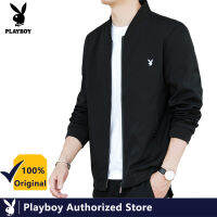 PLAYBOY แฟชั่นผู้ชาย V คอเสื้อแจ็คเก็ตลำลองพร้อมโลโก้ปัก