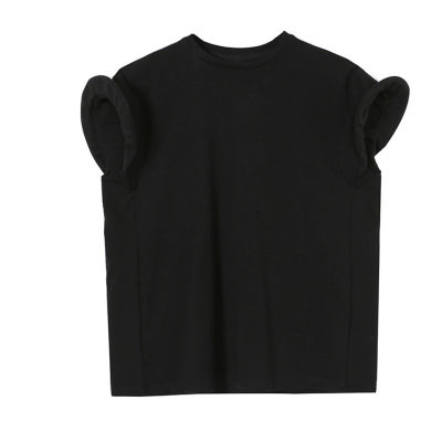 [EAM] Women White Fold Shaped Split Joint Big Size T-shirt New Round Neck Short Sleeve Fashion Tide Spring Summer  1S683