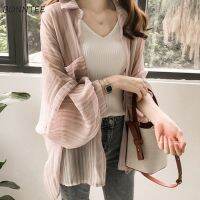 【CW】 Shirts Clothing Ladies Korean Top Womens Striped Blouse Outwear Loose Shirt Thin Coat