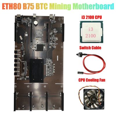 ETH80 B75 BTC Mining Motherboard+I3 2100 CPU+Fan+Switch Cable 8XPCIE 16X LGA1155 Support 1660 2070 3090 Graphics Card