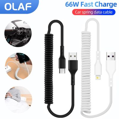 USB Type C Cable Retractable Car Spring 66W for Huawei Xiaomi Samsung S10 9 Super Quick Charge Micro Charger Lighting Data Cord Wall Chargers