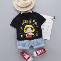 COD dsgrtytrytry 0-5 years old boy suit childrens clothing cartoon Luffy pure cotton short-sleeved T-shirt two-piece denim fashion shorts [in stock]