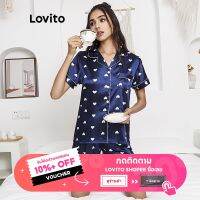 Lovito ชุดนอน แขนสั้น มีปก ผ้าเรยอน พิมพ์ลาย L02023 (สีน้ำเงิน)