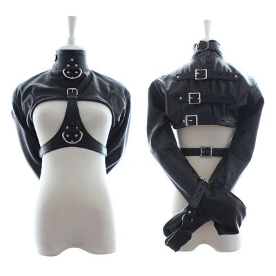 Female BDSM Bondage Breast Exposed PU Leather Straitjacket Restraint Body Harness Jacket Long Sleeves Play Flirting Women