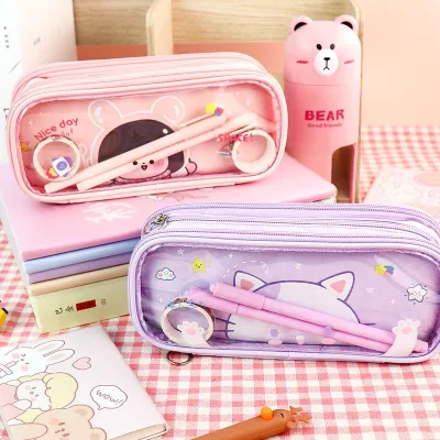 ❐✵ﺴ Pink Girl Pencil Bag PVC Transparent Cover Pen Cases for School Student Ruler Holder Pouch Korean Stationery Organizer Box Stora