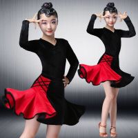 2023 New Kids Girls Velvet Latin Dance Dresses Gymnastics Dancewear Tango Salsa Costume Big Circle Ballroom Skirt For Girls A44