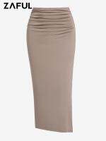 ZAFUL กระโปรง Bodycon Midi ของผู้หญิงเข้ารูปพอดีออกไปสีทึบแต่งระบายที่ต้นขาี่แยกสูงเซ็กซี่เที่ยวกลางคืนกระโปรงดินสอรุ่นพื้นฐาน