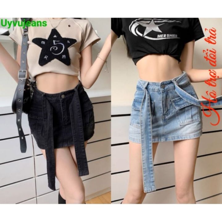 Chân váy jean denim ngắn body kèm đai có quần trong chân váy chữ a bò ngắn