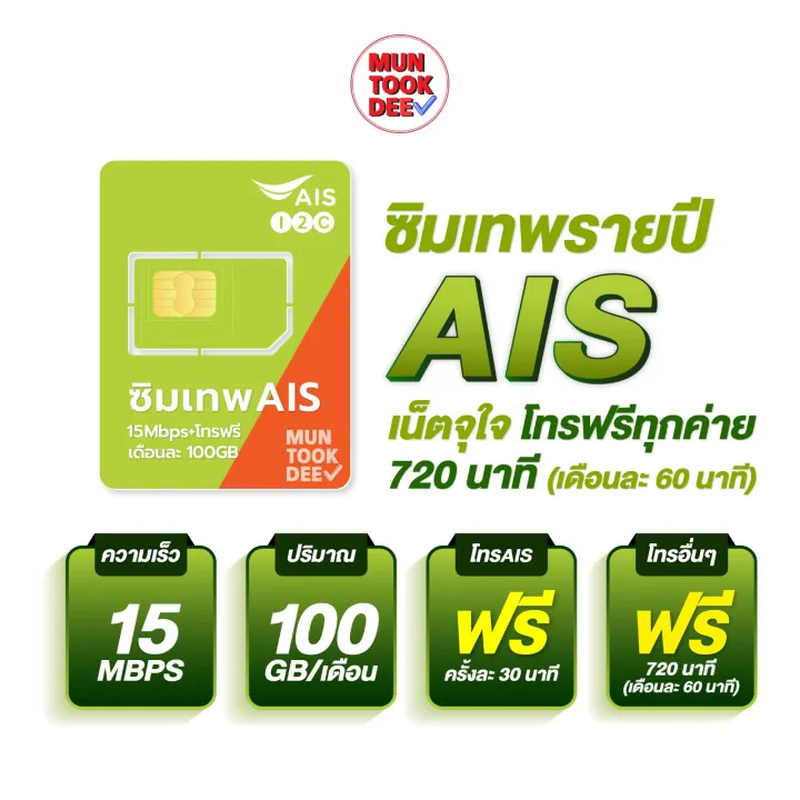 ซิม Sim AIS Marathon 100GB โทรฟรีทุกเครือข่าย 720นาที ซิมเน็ต 15Mbps 3G 4G 1ปี สุดคุ้ม ถูกที่สุด ตัวแทนเอไอเอส ร้านมันถูกดี muntookdee ส่งฟรี ทั่วไทย