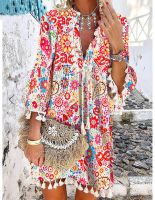 Daisy Print Bohemian Women Dress Burretfly Three Quarter Sleeve Women Dress Loose Waist Placket Lace Up Tassel Lady Dress