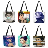 [Xiaoming Jewelry] ปรับแต่ง Tote สำหรับผู้หญิง Eco Linen Shopper กระเป๋า Audrey Hepburn พิมพ์ Reusable Shopping กระเป๋าสุภาพสตรีแฟชั่นกระเป๋าถือ