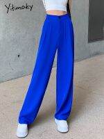 Yitimoky Blue Suits Pants High Waist Elatic Band Straight Wide Leg Y2k Fashion Trousers 2022 Female Causal Pants with Pockets