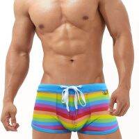 New Rainbow Stripes Series Fashion Men Swimwear With/Without Sponge Pad Swimming Pool Briefs Low Waisted Drawstring Swim Trunks Swimwear