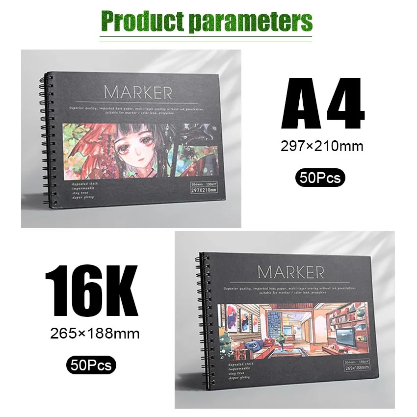 Wa Portman A4 Marker Sketchbook, 60 Sheets of Bleed-Proof Marker Paper, Black