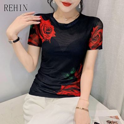 REHIN เสื้อยืดคอกลมแขนสั้นลายดอกไม้ของผู้หญิง,เสื้อเบลาส์ S-3XL ทรงสลิมฟิตและบางหรูหราฤดูร้อนปี S-3XL