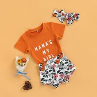 Infant Baby Girl Summer Clothes Suit Letter Print Short Sleeve Crew Neck T-shirt Flower Shorts Bow Headband 3pcs Casual Outfit  by Hs2023