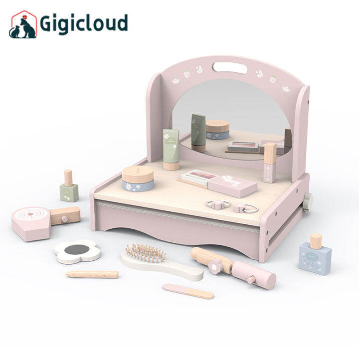 Gigicloud Wooden Vanity Table Toy Pretend Play Makeup Kit Tabletop