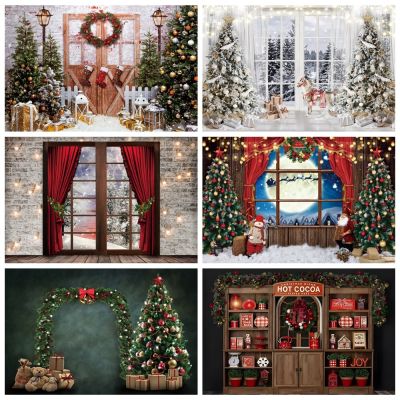 Christmas Photography Backdrop Photocall Window Tree Santa Claus Gift Baby Portrait Party Decor Background Photographic Studio