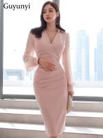 Elegant Office Lady Dress Spring Pink Chiffon Puff Sleeve V-Neck Korean Version High Waist Line Pleats Sheath Party Dress