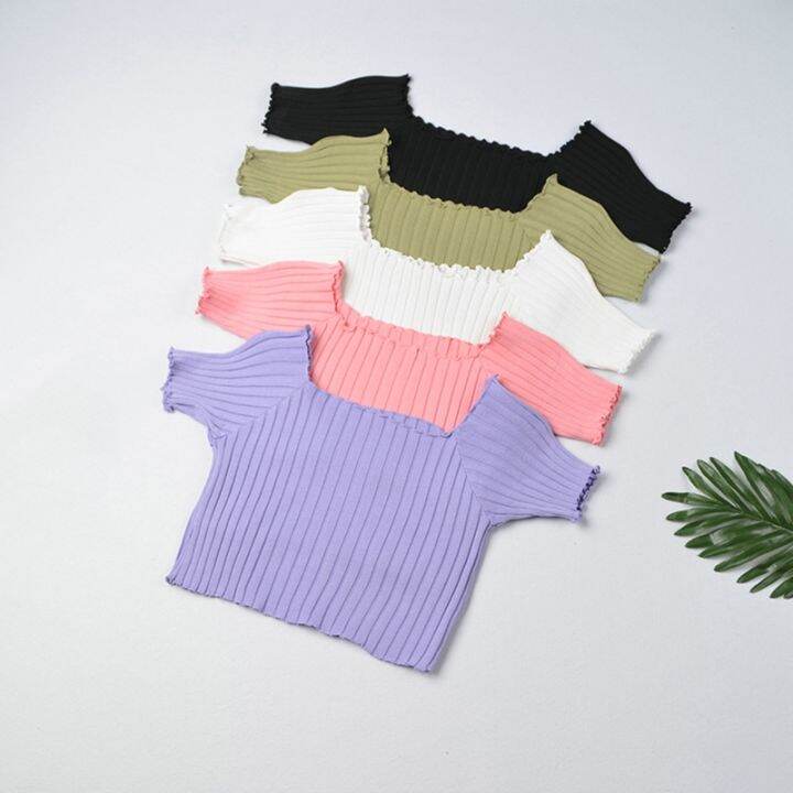 t-shoulder-knit-crop-outwear-fashion-short-sleeve-shirts-bodycon-tees