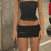 Simon 2ชิ้นชุดผู้หญิงฤดูร้อน Streetwearoomph พับตาข่าย Sheer ที่ไม่มีสายหนังด้านบนปิดไหล่ Backless Cropped และ Skinny Mini กระโปรง