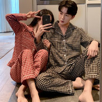 Japanese couple pajamas suit cotton crepe ladies grid print simple long-sleeved shirt long pant pajamas mens home service