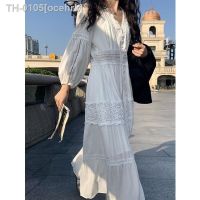 ☌ ocehrk Houzhou branco feminino vestido de verão rendas boho maxi oversized manga longa algodão praia casual coreano moda chique