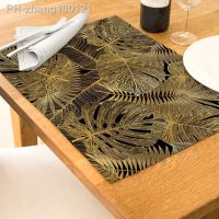 Kitchen Placemat Plant Golden Leafs Decorative Table Mats 42cmX32cm Black Cotton Linen Western Placemat Waterproof Drink Coaster