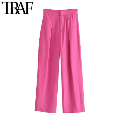 TRAF Women Chic Fashion Side Pockets Wide Leg Pants Vintage High Waist Zipper Fly Female Trousers Mujer