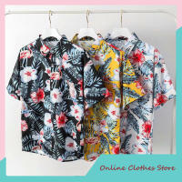 Men Women Shirt Hawaii Style Lapel Short Sleeve Flower Printed Beach Loose Couple T-shirt