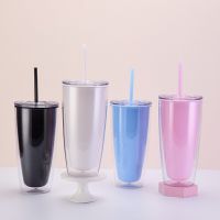 750ml High Capacity Straight Water Tumblers with Lid Double Layer Transparent Plastic Straw Cup Household Drinking Mug