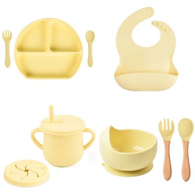 8PCS Baby Soft Silicone Bib Dinner Plate Suction Cup Bowl Plate Cup Spoon Fork Set Non-Slip Food Grade Silicone Kids Dishes