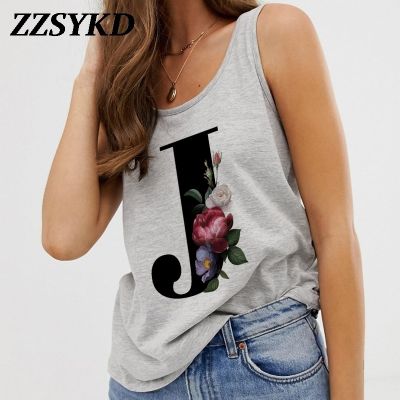 ◘ Alphabet Print Camisole Tee Shirt Sleeveless Gray Female Loose Size