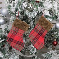 2023 New Year Small Christmas Stockings Plaid Plush Socks Gift Bag For Home Children Fireplace Tree Christmas Decorations Socks Tights