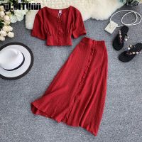 ⊕✑ New Fashion Suit Solid Color Simple Single Breasted Short Sleeved Short Cropped Blouse Elastic Waist Skirt Two Piece Sets WS158