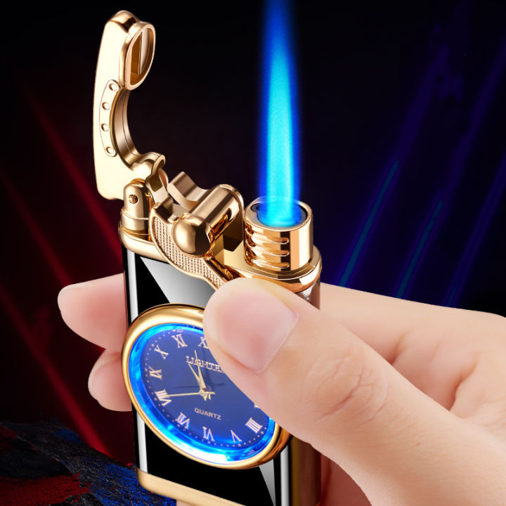 สร้างสรรค์นาฬิกาควอตซ์-windproof-เบาโลหะแสงสีฟ้าบิวเทนเจ็ทเปลวไฟไฟฉายเบาโยกจุดระเบิดของขวัญผู้ชายสูบ