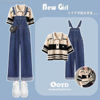 Summer wear a whole suit 2023 new college style short-sleeved top female slim denim overalls two-piece set